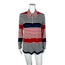Vintage 70s Striped Top Women's M Red Blue Long Sleeve Zip Up Polo Shirt