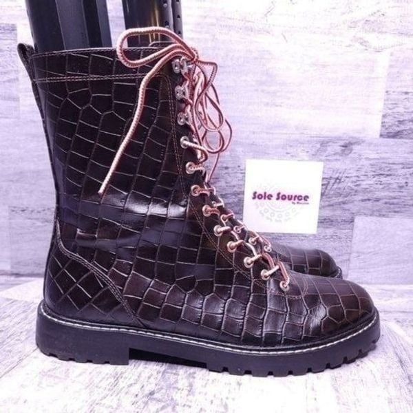 J. Crew Croc Embossed Leather Lace Up Combat Boot Brown Red White Women's sz 8.5