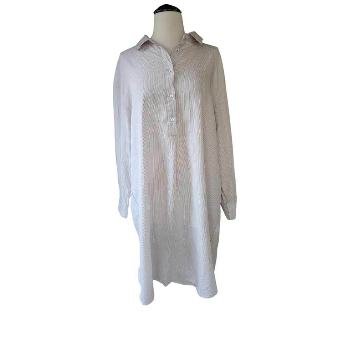 Mersea The Essential Shirt Dress Womens L/XL White Tan Striped Coastal Fisherman