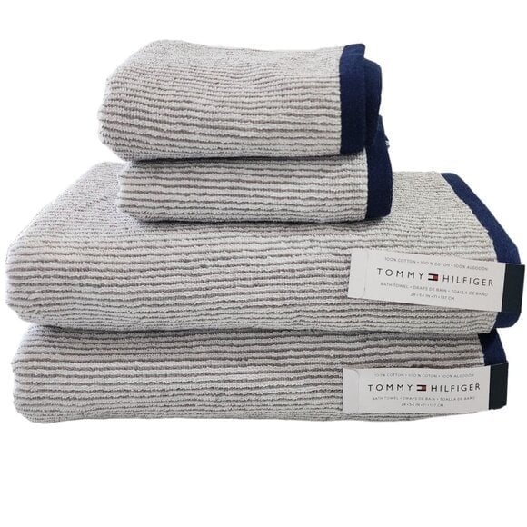 Tommy Hilfiger 4pc Striped Soft Cotton Towel Set White Navy Gray 2 Bath 2 Hand
