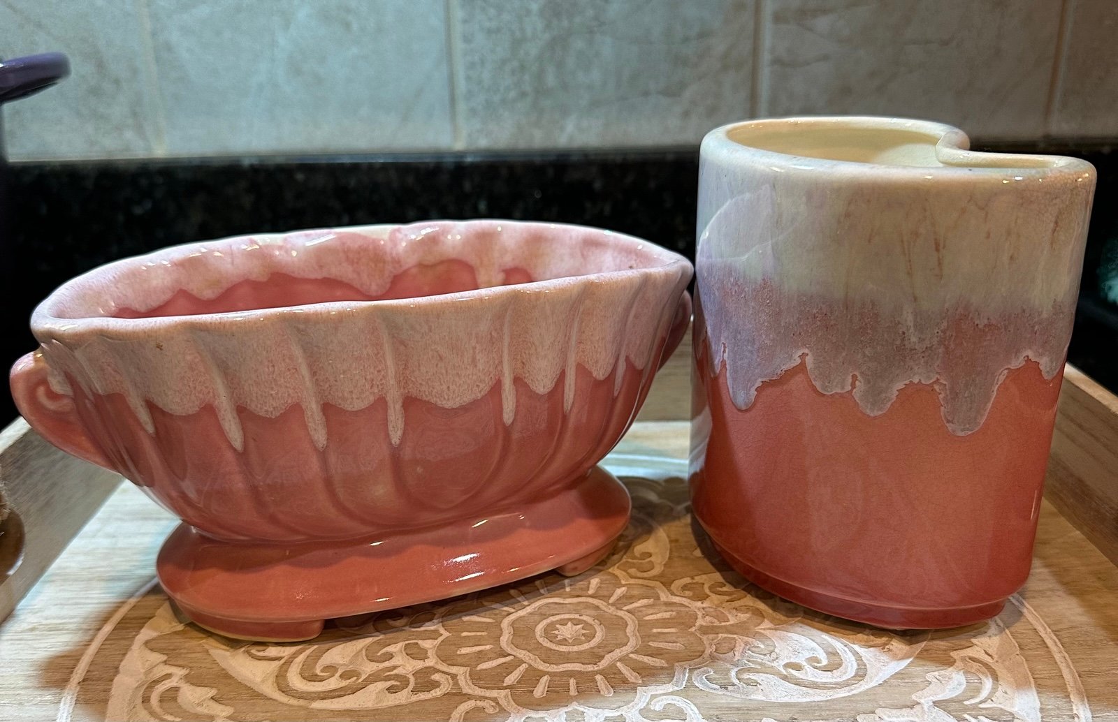 Set of Beautiful MCM Pink Drip Glaze Pottery Planters