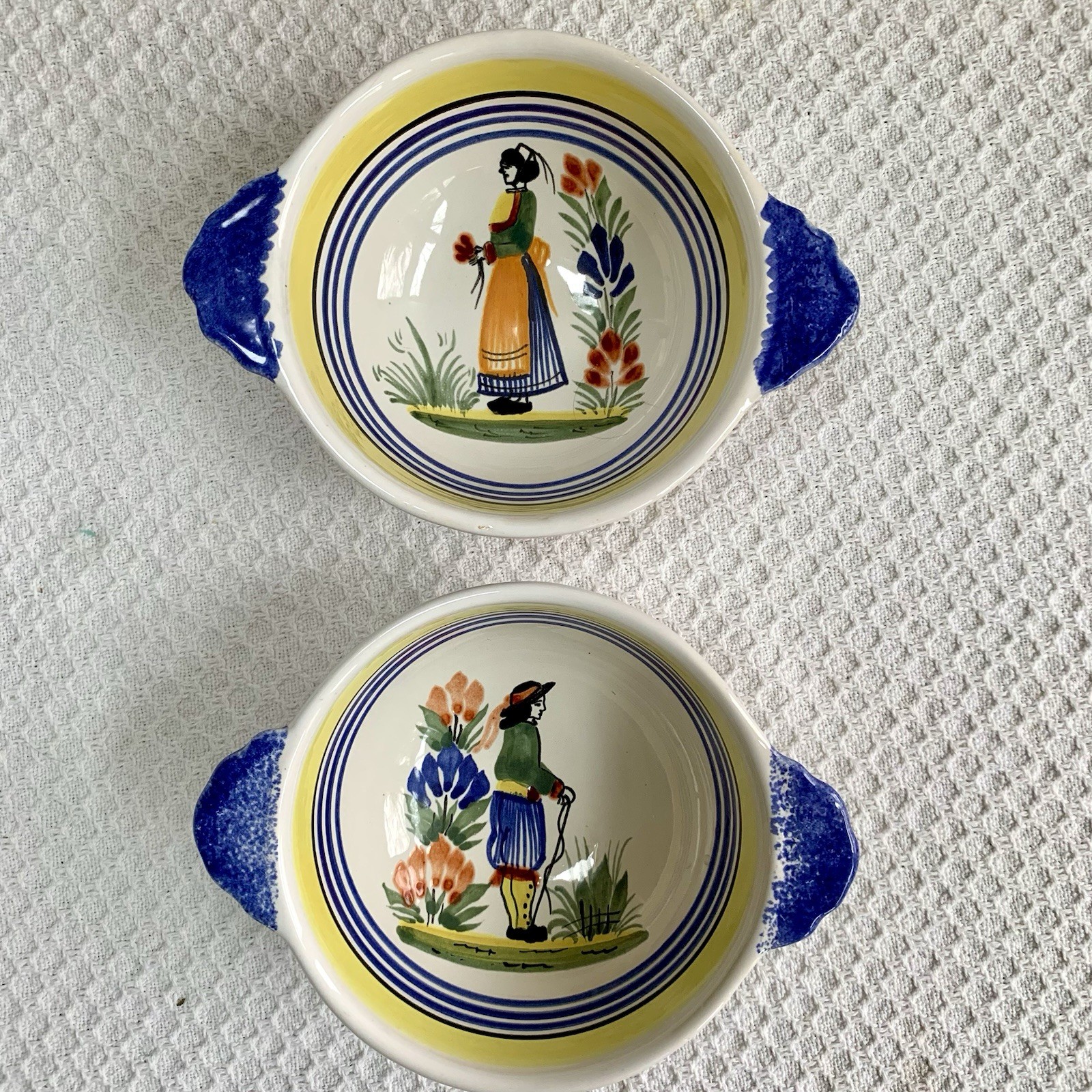 Henriot Quimper Hand Painted Breton Lug Bowl, Pair, 5.25 , Vintage, Handles