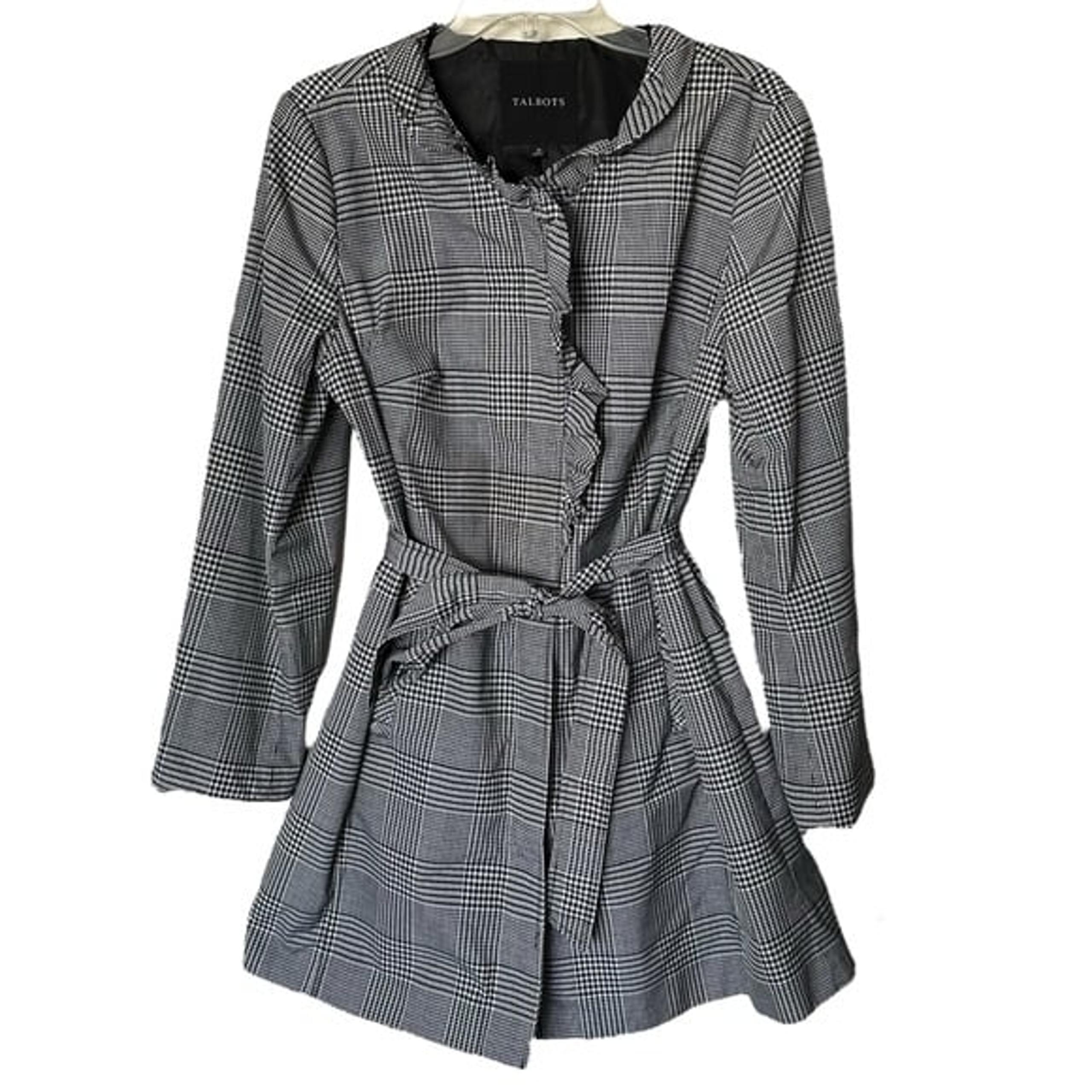 Talbots Houndstooth Plaid Black White Ruffle Collar Belted Raincoat size 10