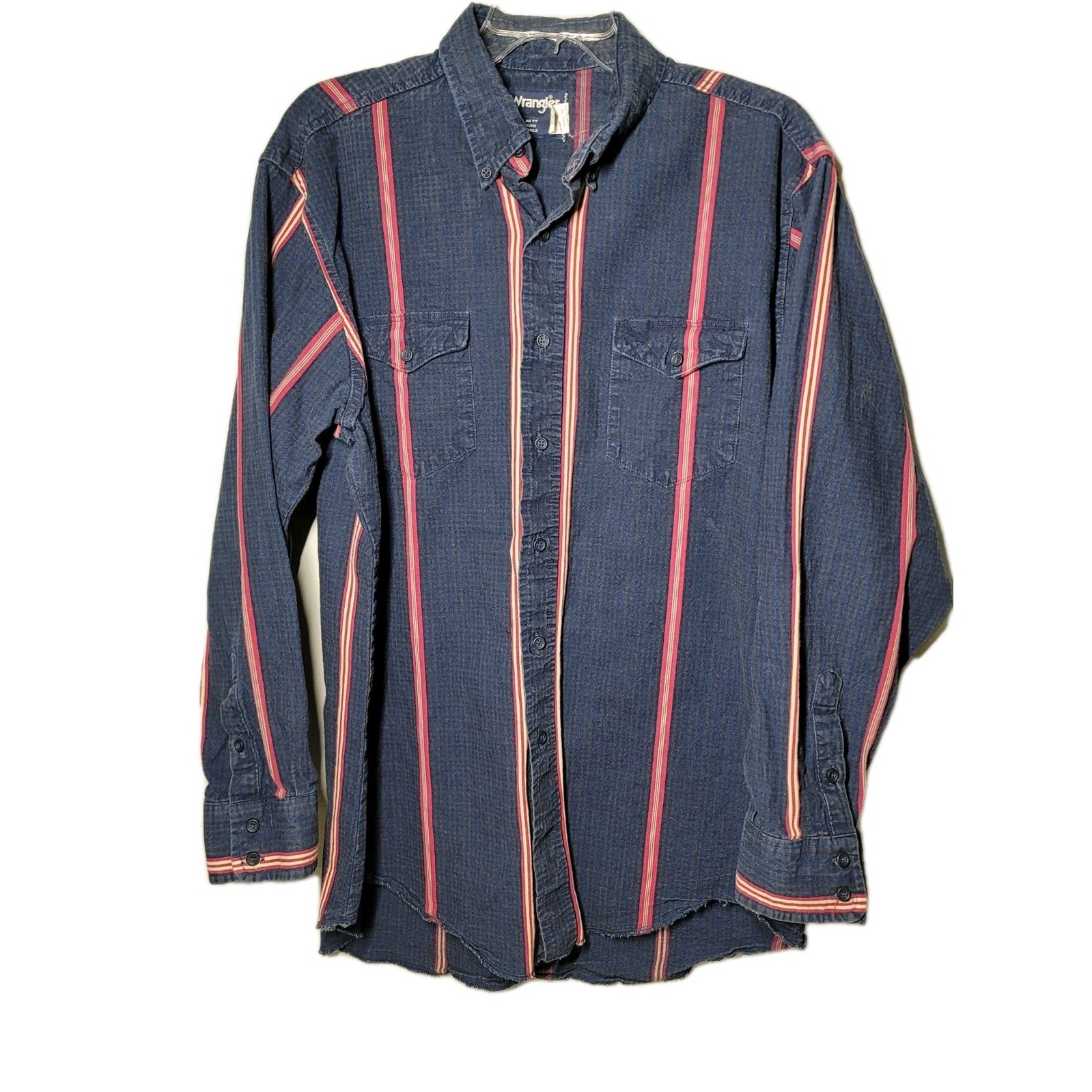 Wrangler Brushpopper Shirt Men 16.5-35 X Long Tails Western red Blue Striped USA