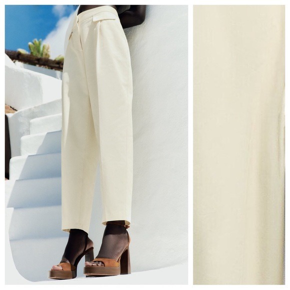 NWT. Zara Cream 100% Cotton High-Waist Trousers with Flaps. Size S.