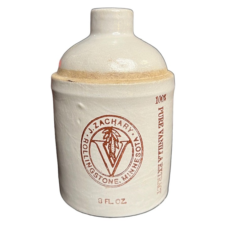 ANTIQUE STONEWARE CROCK JUG Vanilla Extract Zachary Rollingstone Sticker 8 Oz
