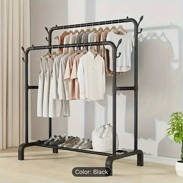 Durable Metal Double Pole Clothes Rack - Multipurpose Space-Saving Garment Hange