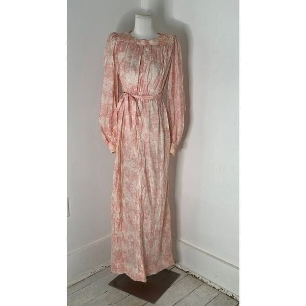 Vintage 70s Pink Floral Regency Revival Maxi Dress