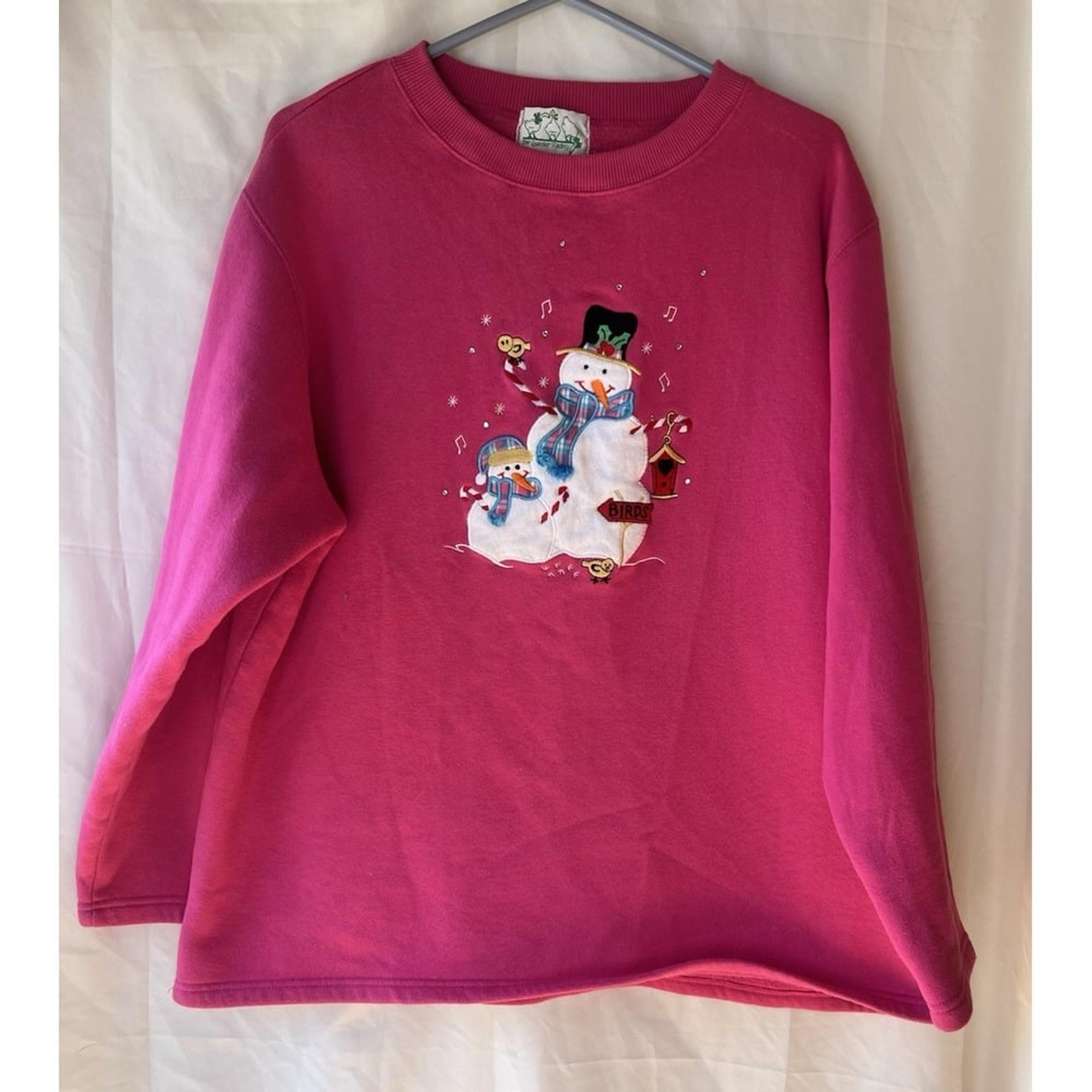 Quacker Factory Women's Fleece Sweater Size XL Pink Embroidered Music Snowman