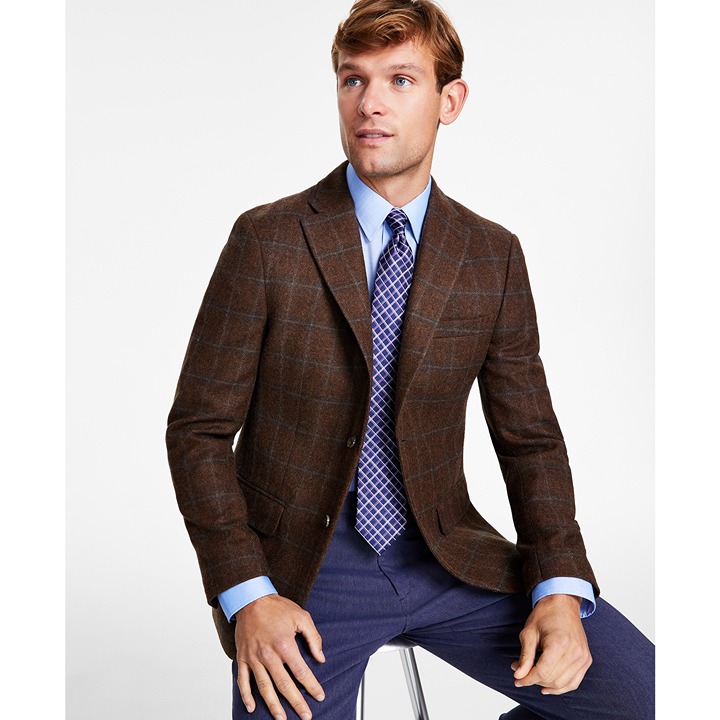 Tommy Hilfiger Men's Modern-Fit All Wool Sport Coats Brown/Blue B4HP 375 36R