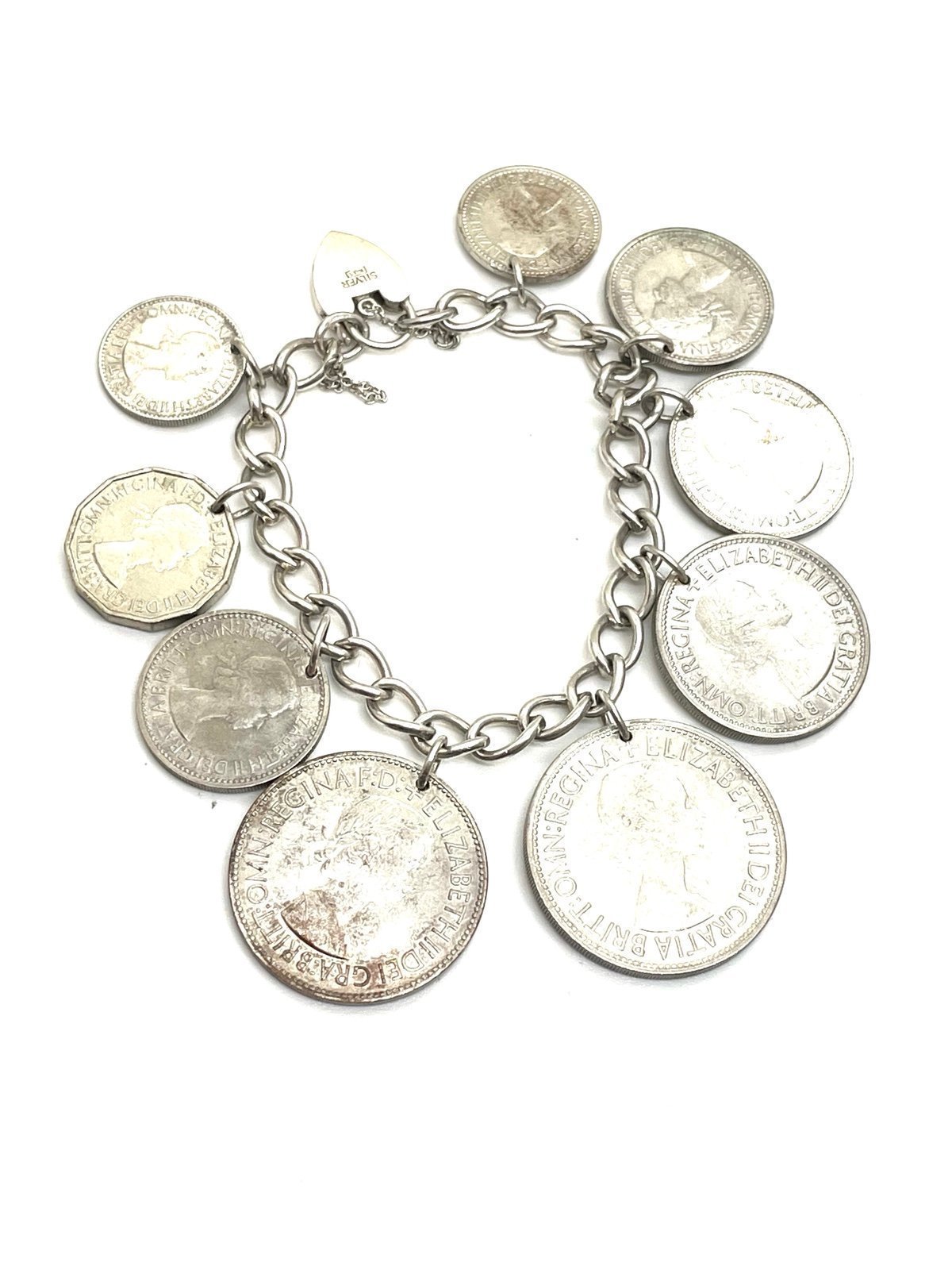 Sterling English Coin Bracelet Sz 7.5”. B662