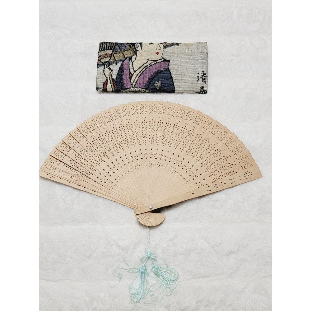 Set Sandalwood Folding Fan + Wallet Japanese Chinese Sensu Openwork Tassel Vntg