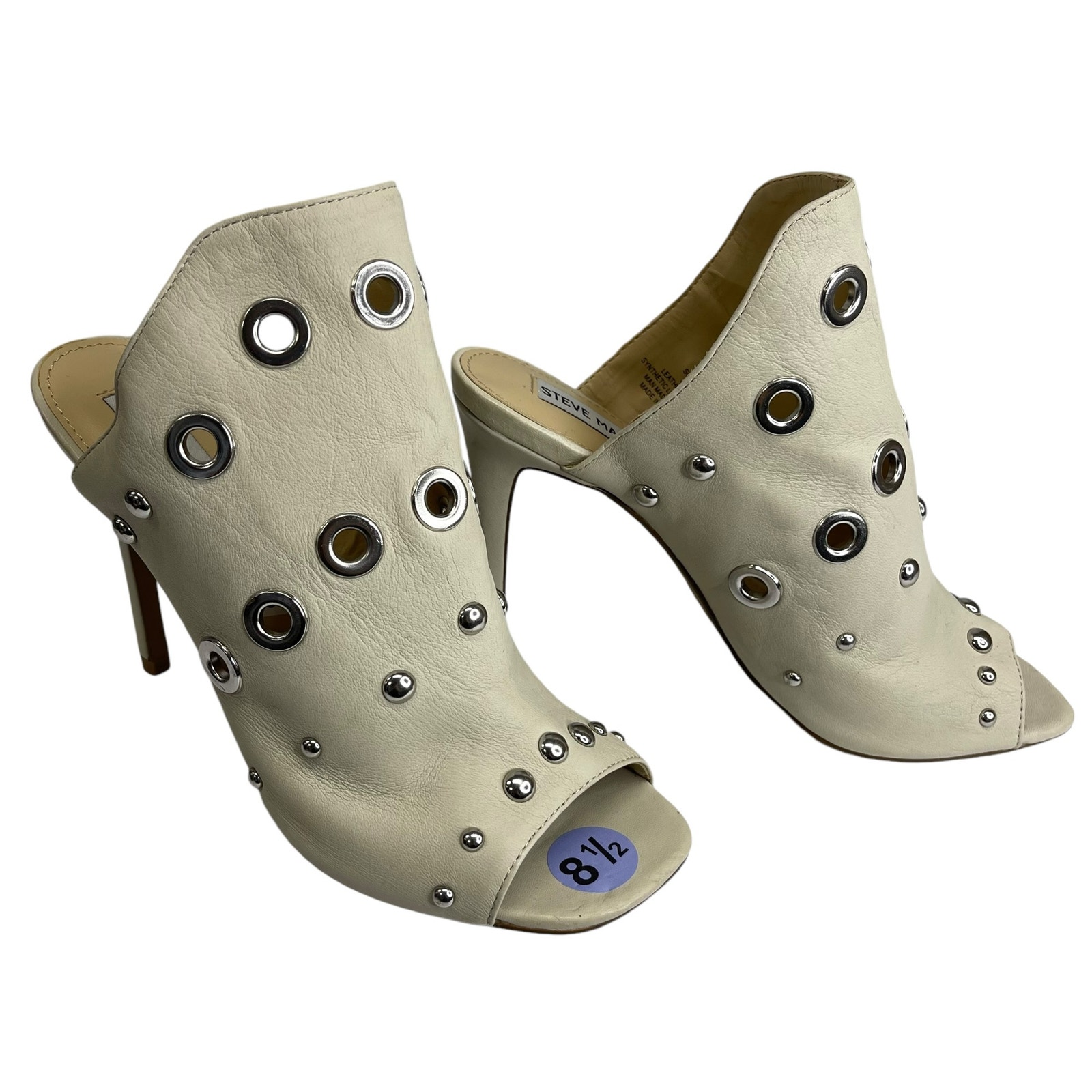 Steve Madden Sooki-G Studded Peep Toe Grommet Mule Heel Women 8.5 M White EUC