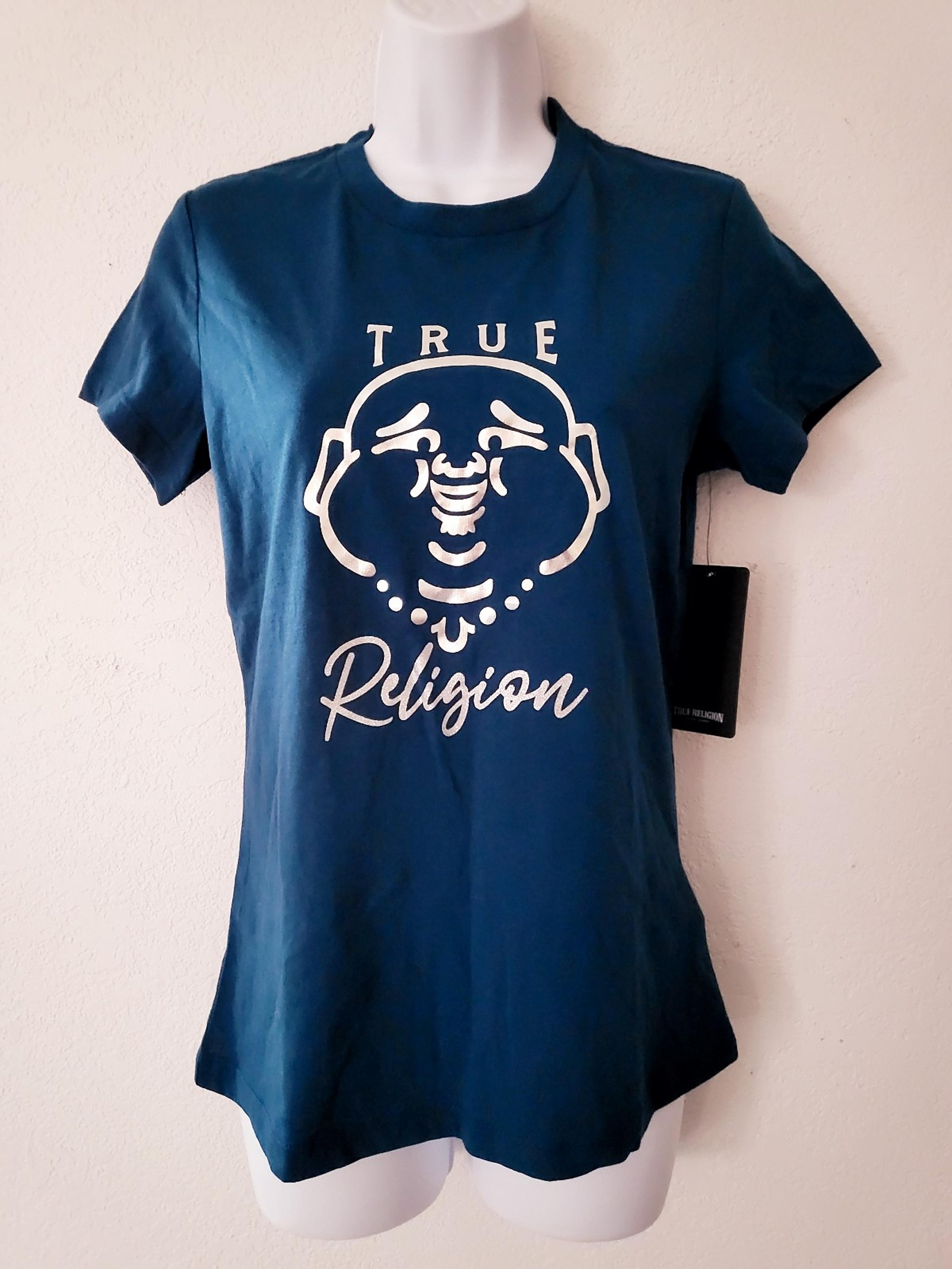 TRUE RELIGION Womens short sleeve t-shirt foil logo Size S blue