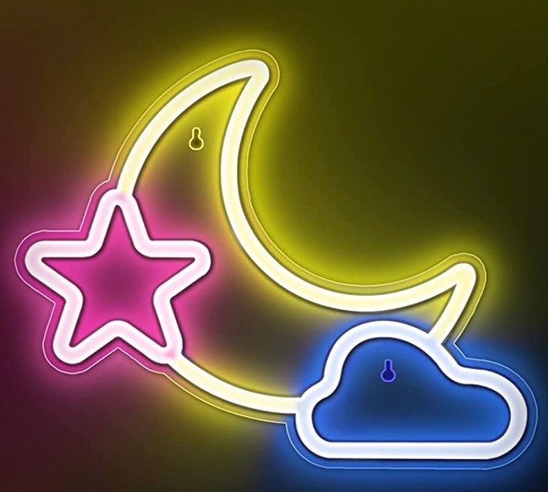 Lovely Bright Pink Star Blue Cloud Moon LED Night Light Sign Wall Room Decoratio
