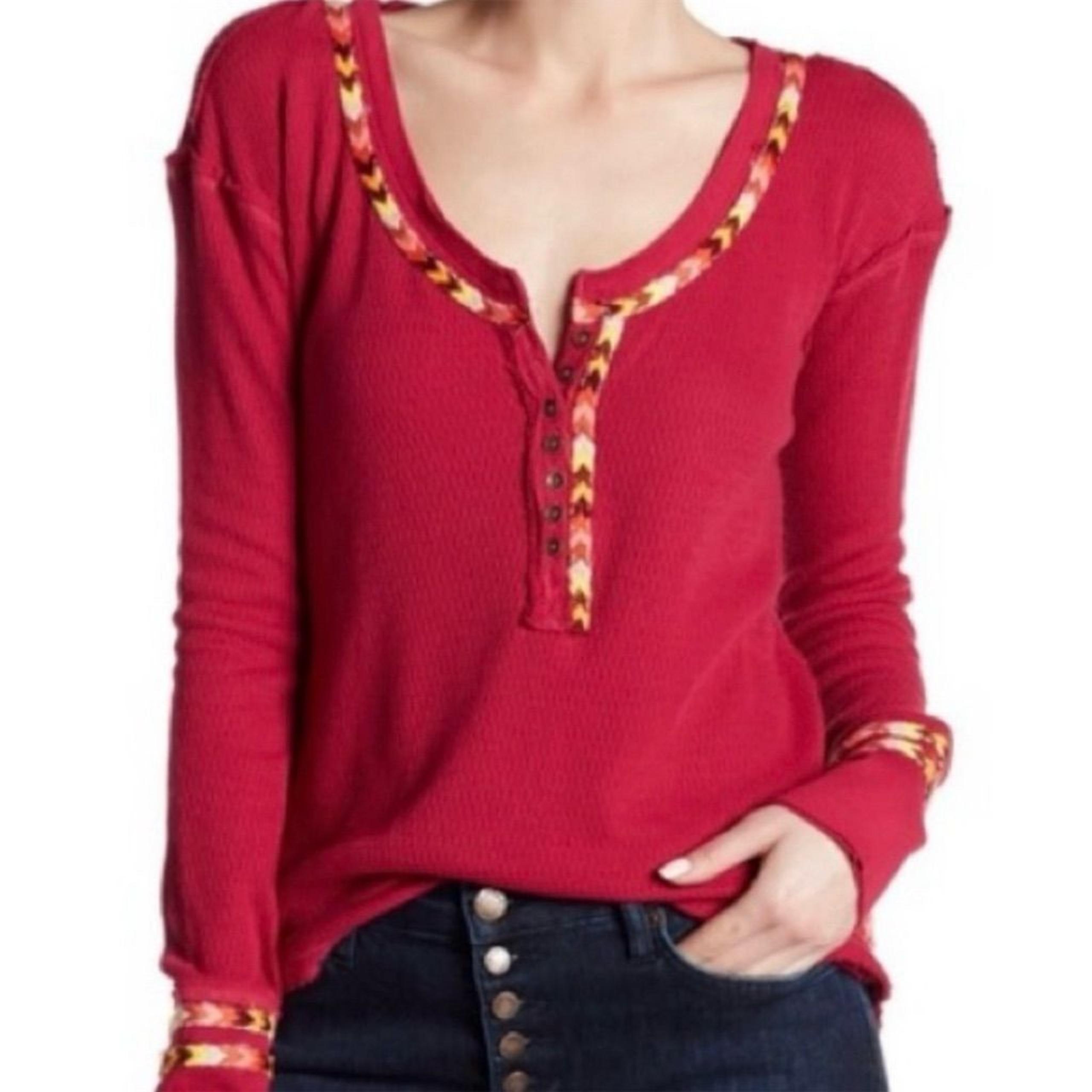 Free People We The Free Pink Embroidered Rainbow Thermal Henley Top M