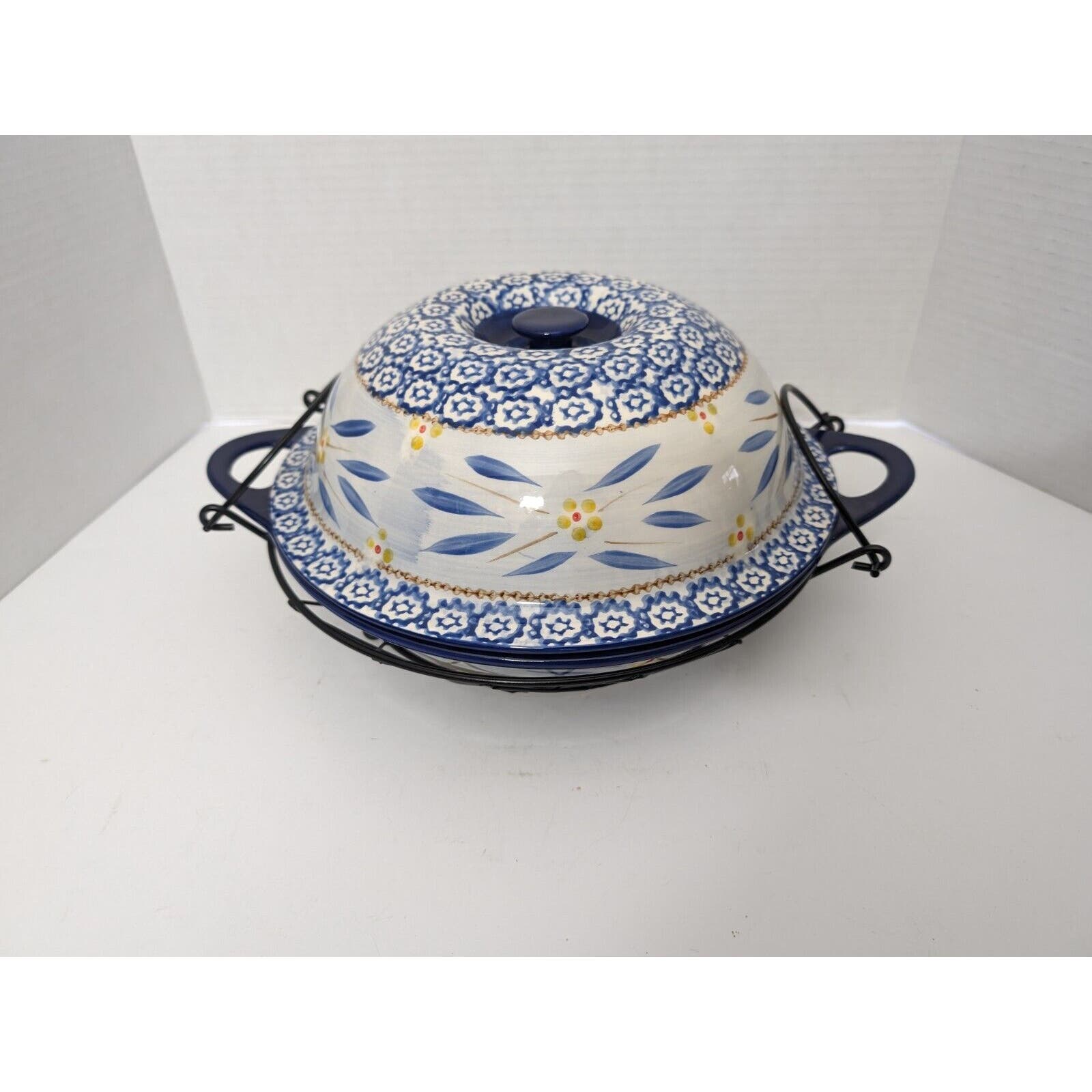 Temptations By Tara Old World Blue Pie Plate In Metal Basket With Bowl Lid