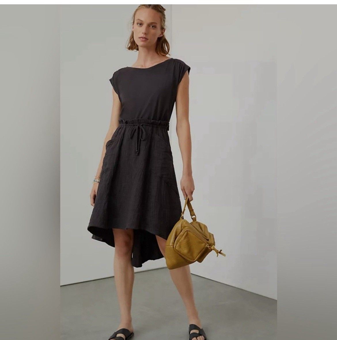 anthropologie daily practice Brown Dress Sz S Asymmetrical Gauze Cottagecore