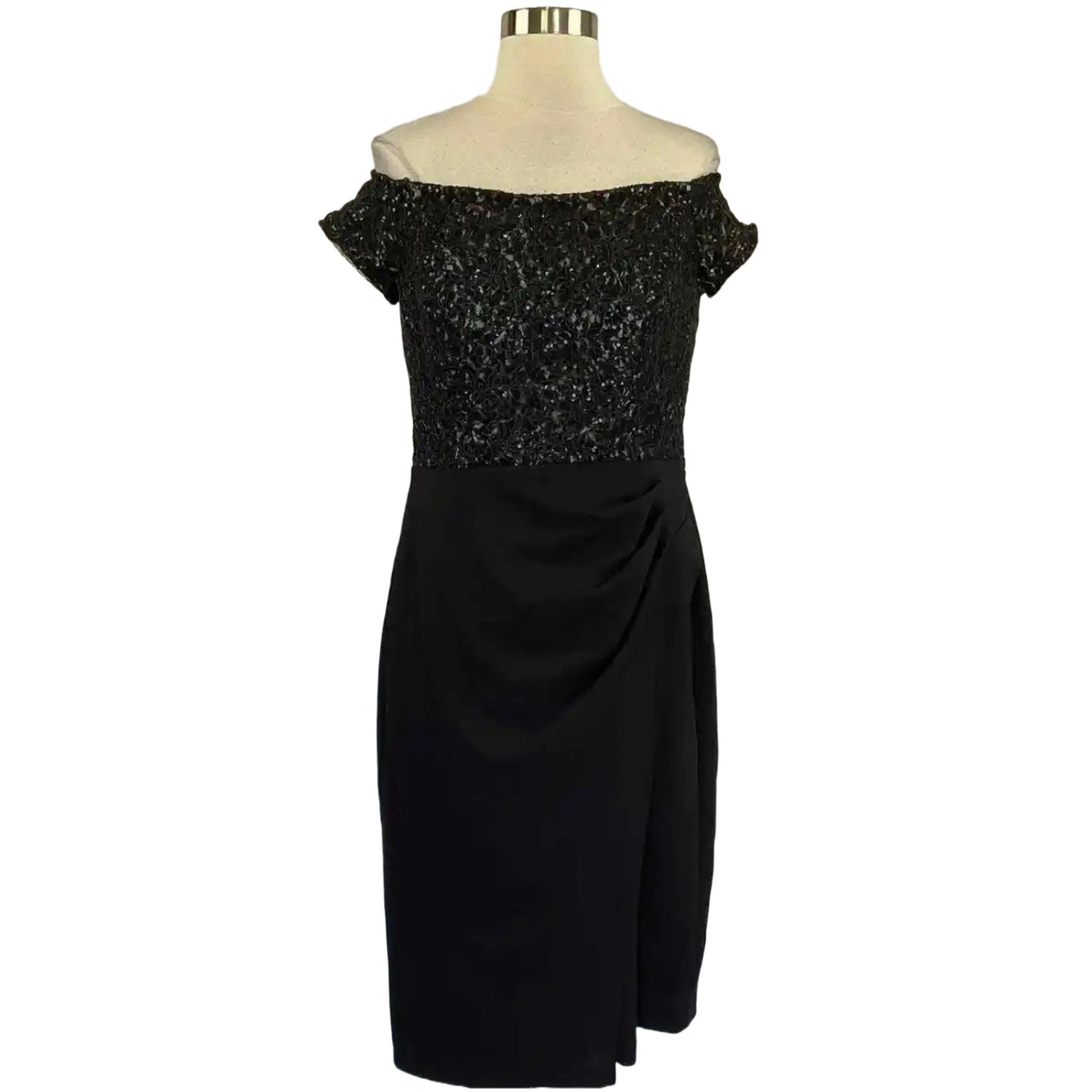 Alex Evenings Women's Cocktail Dress Size 8 Black Sequined Lace Off the Shoulder
