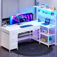 L Shaped Computer Desk with 5 Drawers & Storage Shelves for Home Office (White)