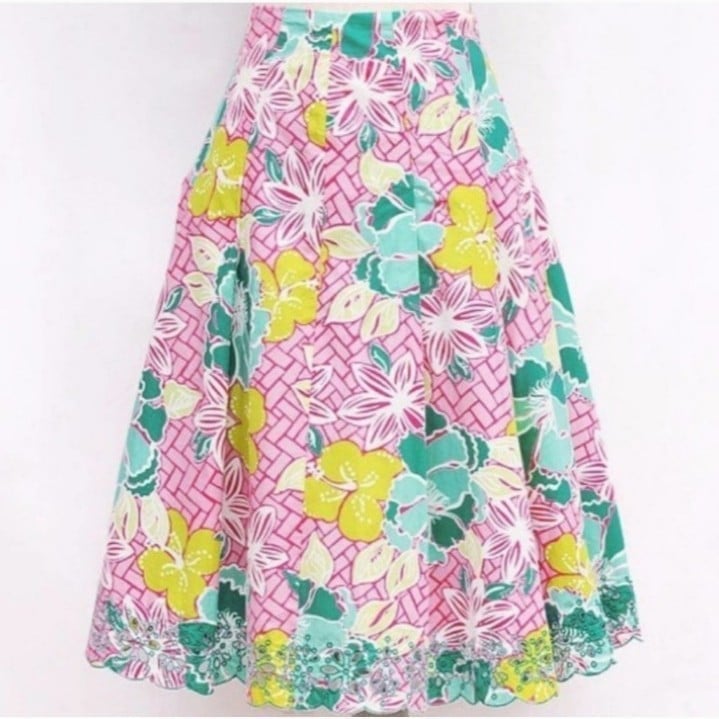 Lilly Pulitzer Ingrid Pleated Skirt Beach Mat Floral Embroidered Eyelet Vintage