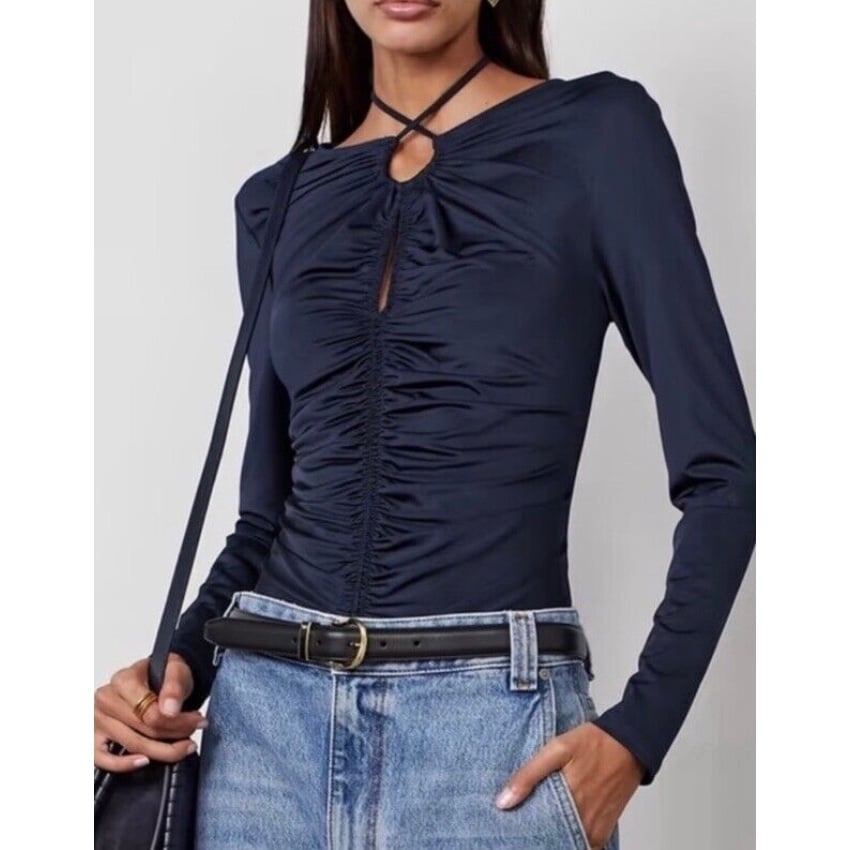 Veronica Beard Roque Ruched Tie Back Top Navy Size 6 US NWT