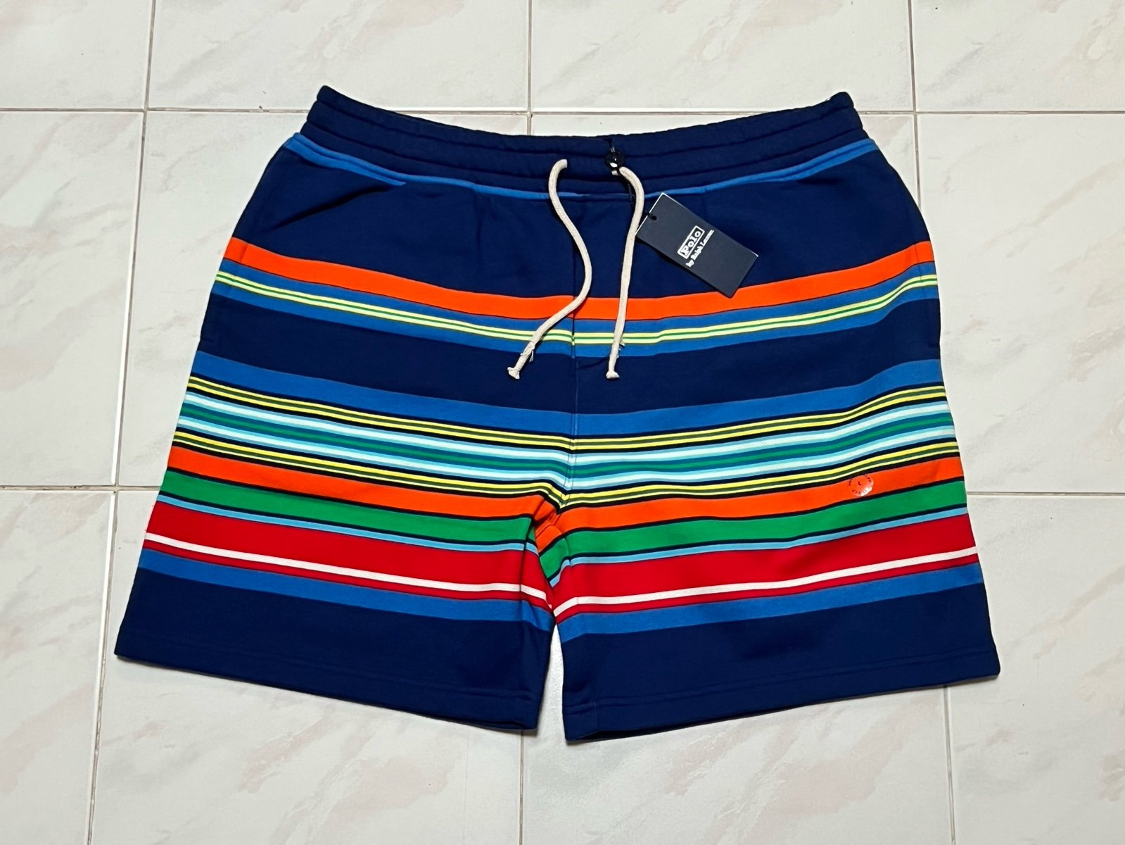 NWT 148 Polo Ralph Lauren Men L Voyager Blue Multicolor Stripes Sweat Shorts