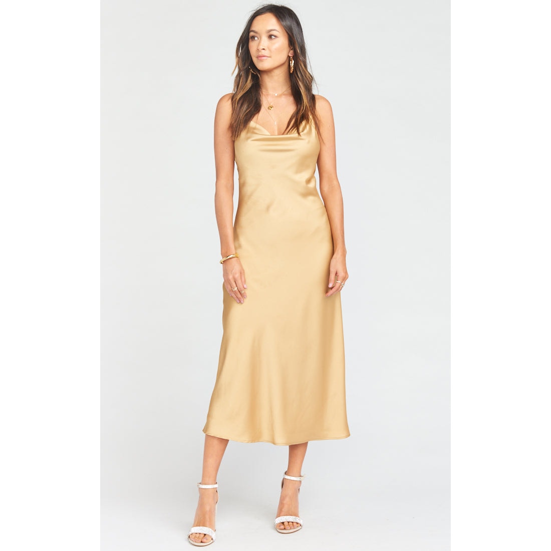Show Me Your Mumu Women's Verona Cowl Dress True Gold Luxe Satin Size L