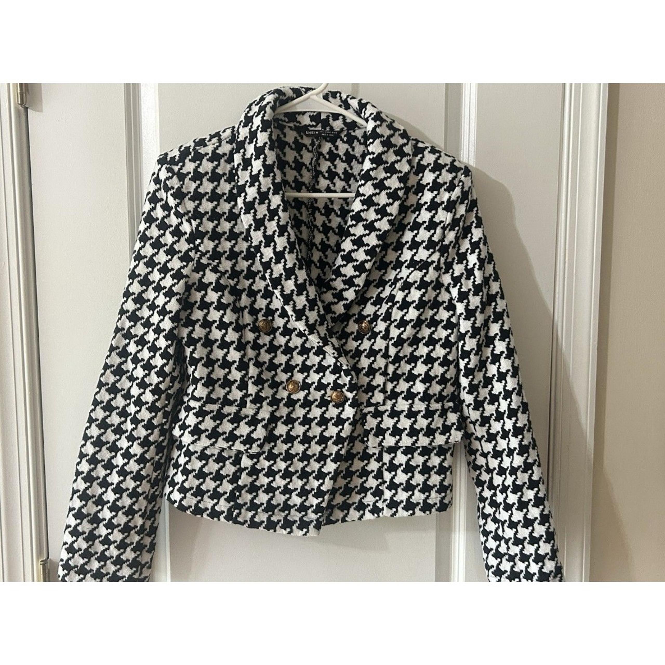Shein Women's Large 8-10 Houndstooth Blazer Jacket Gold Buttons Career Jacket
