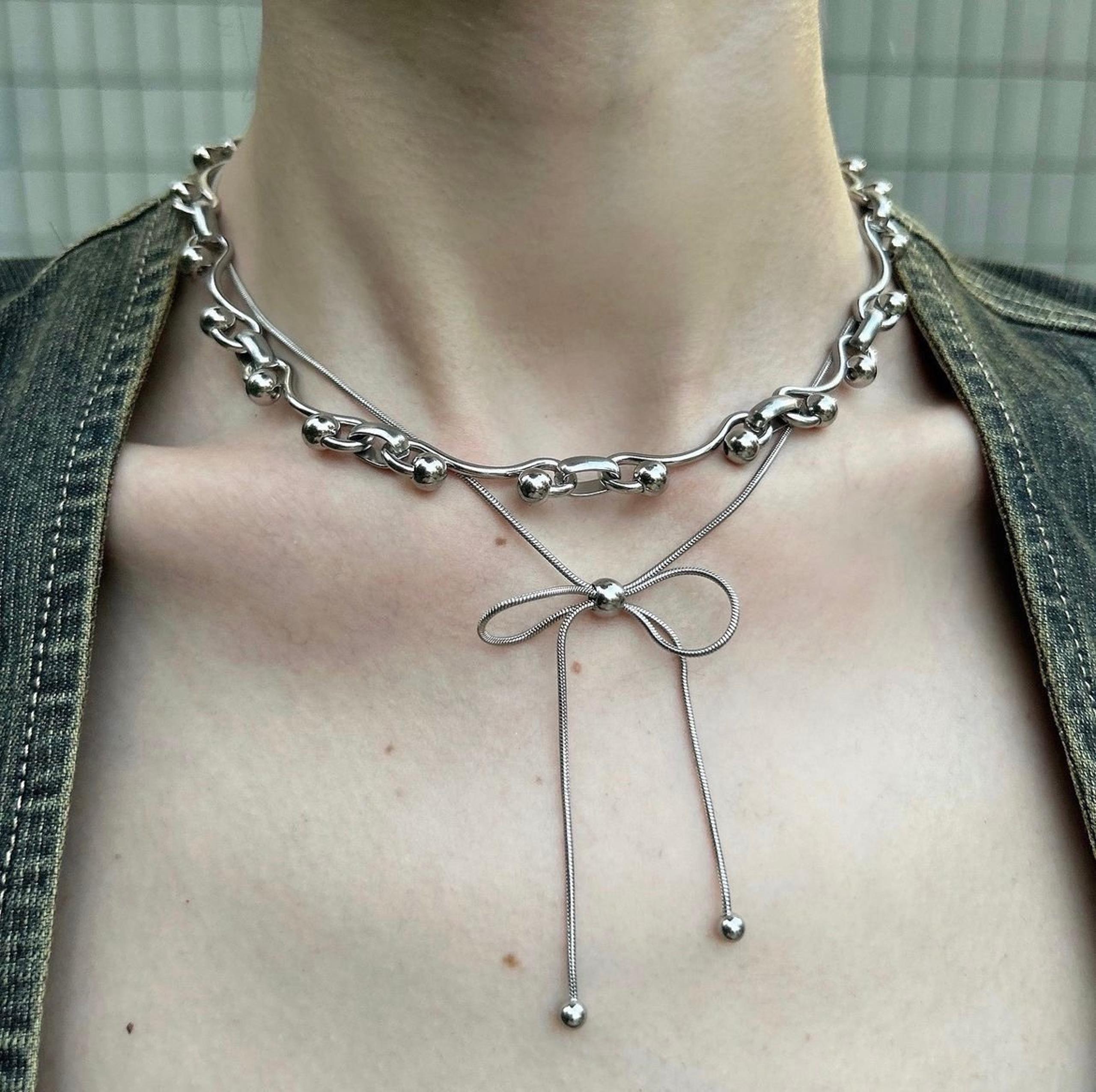 Stainless steel snake chain necklace bow shape, dainty everyday jewelry