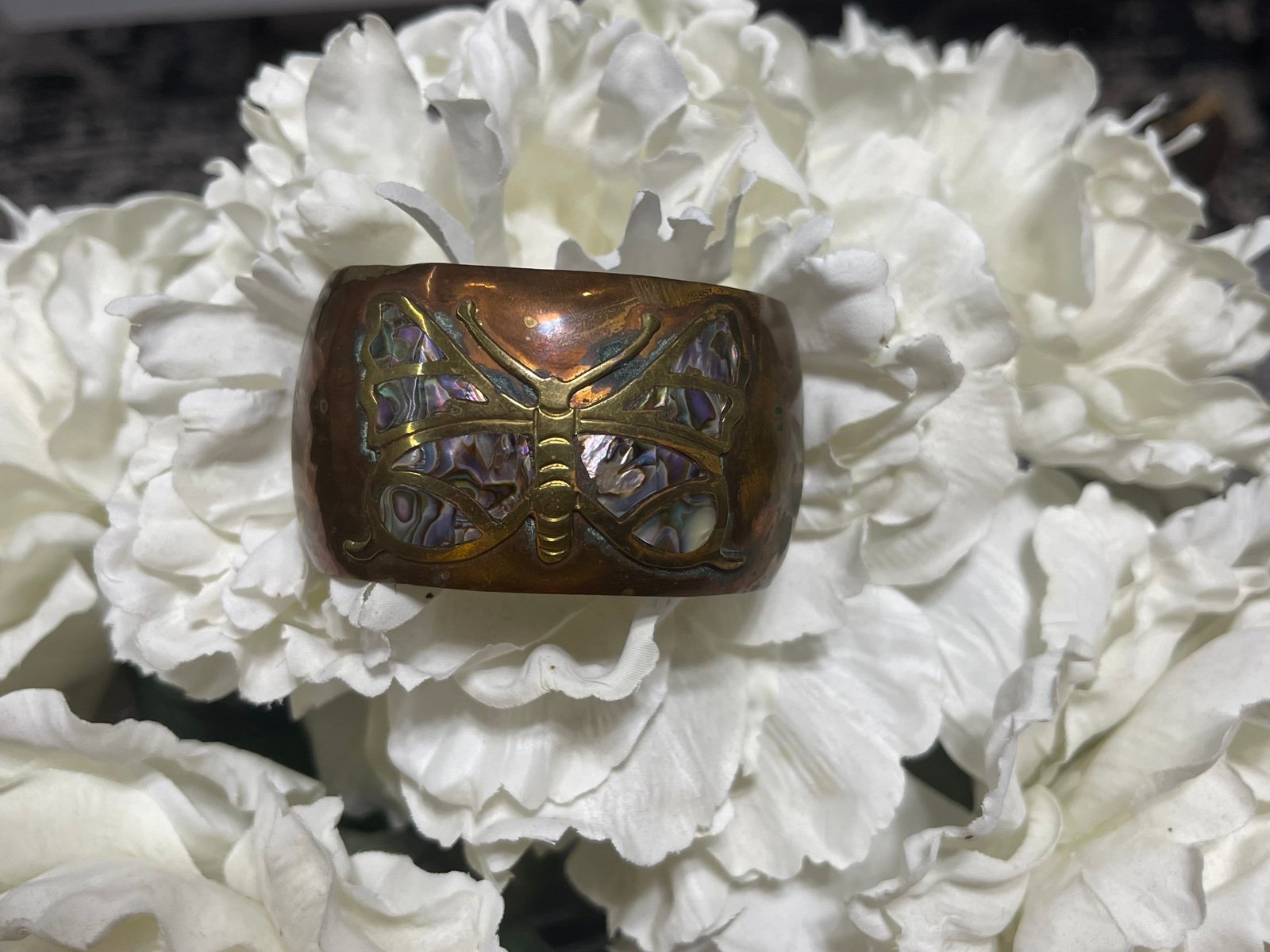 Copper Cuff Bracelet with Brass Butterfly With Abalone Inlay Wings