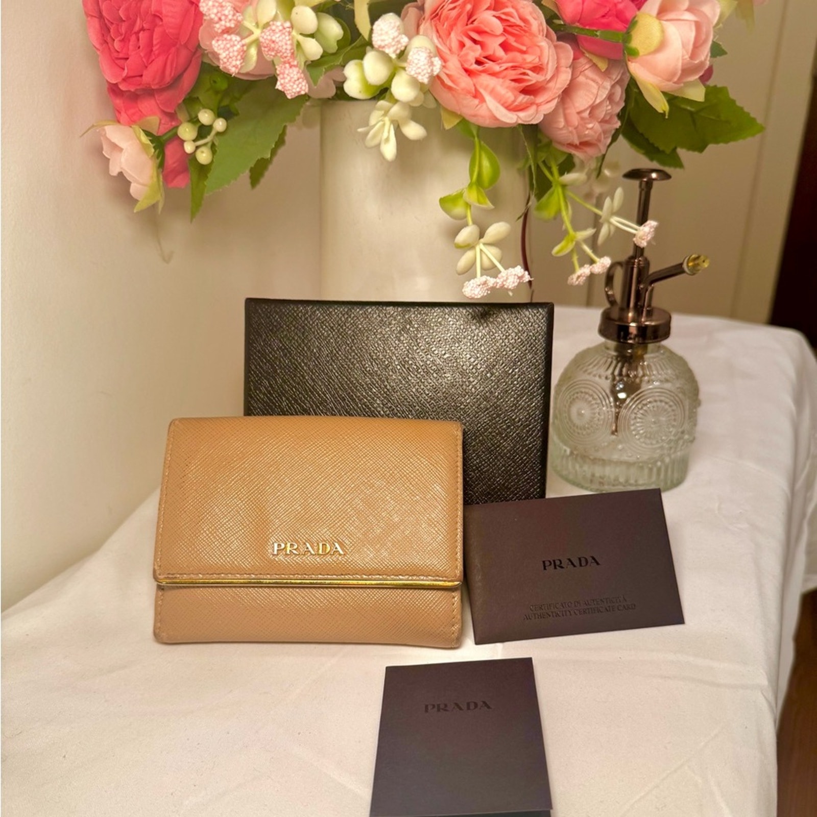 Prada Tan and Gold Mini Leather Wallet