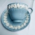 WEDGWOOD QUEEN’S WARE cream on lavender embossed teacup & saucer shell edge