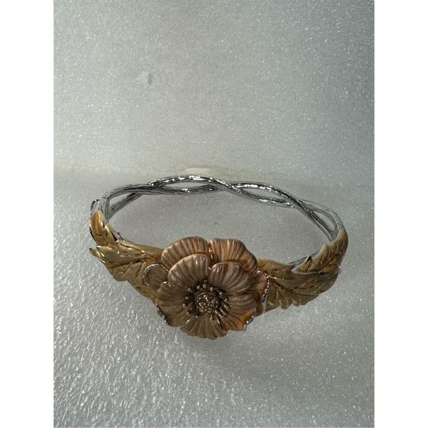 925 Dual Tone 3D Poppy Flower & Leaf Hinged Bangle Bracelet