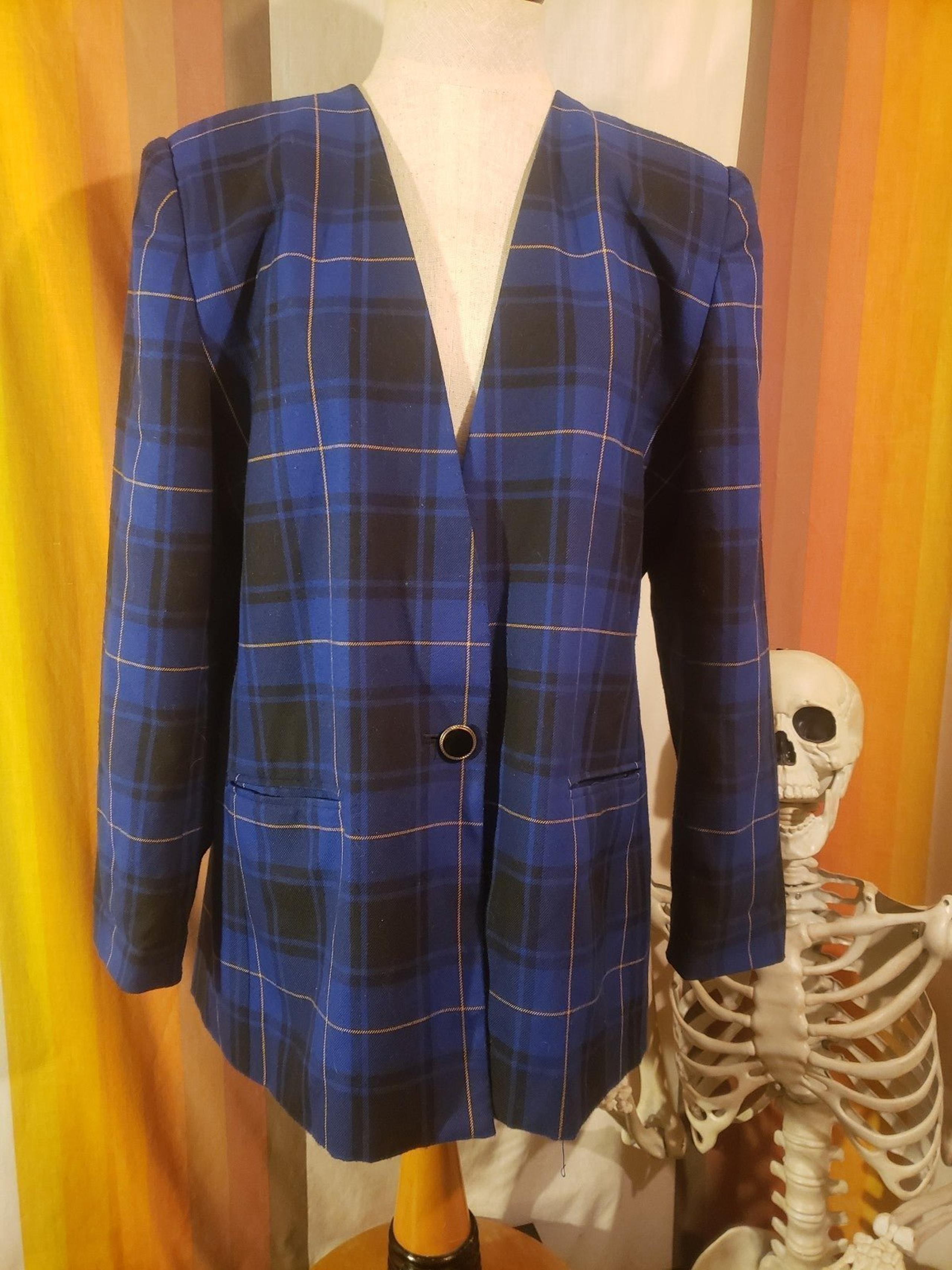 Vintage 80s 90s Sasson Blue Black Yellow Plaid Blazer Jacket M