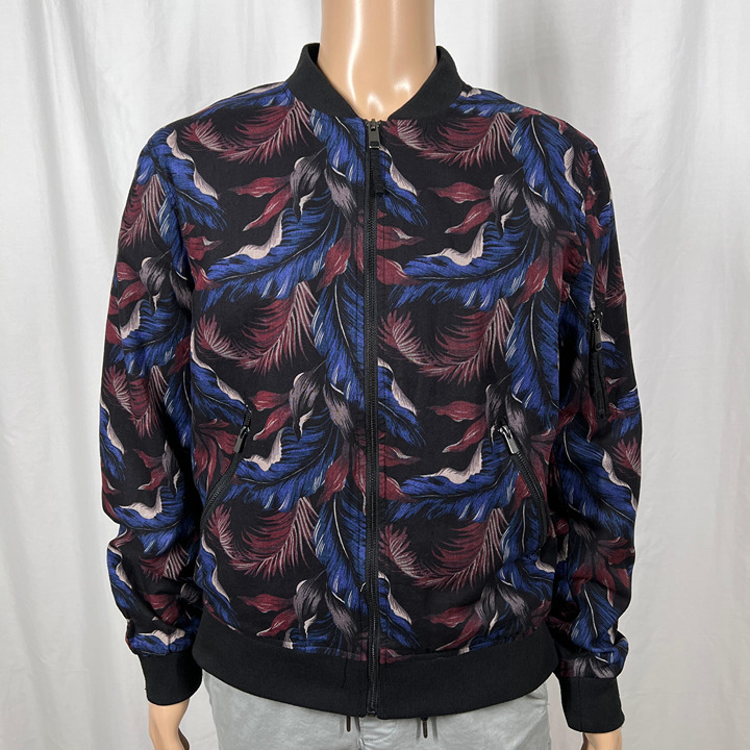H&M Men's 46R Black/Blue Feather Print Linen Blend Full Zip Bomber Jacket