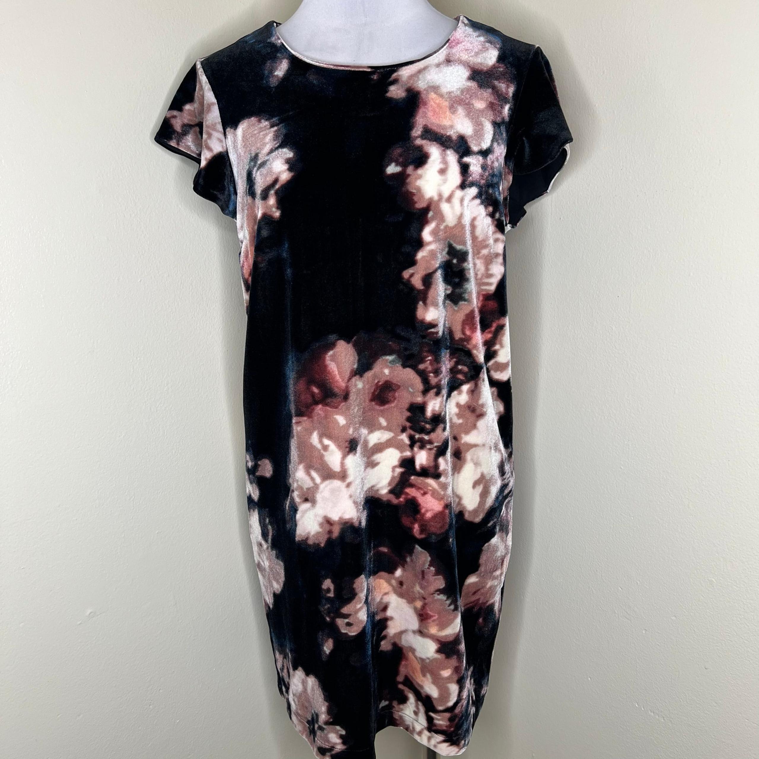 Cynthia Rowley Shift Dress MEDIUM Black Velvet Floral Mini Cap Sleeve Mini Pink