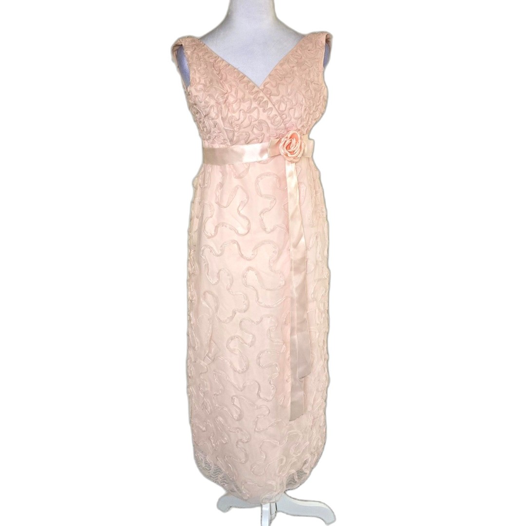 VTG 80s Pink Floral Ribbon Overlay Gown Rosette Waist Formal Dress Coquette Prom