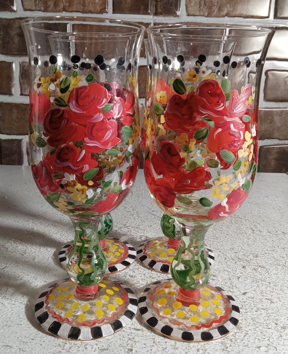Tracy Porter Hand Painted Wine Glasses Red,Yellow Floral Black and White Checks