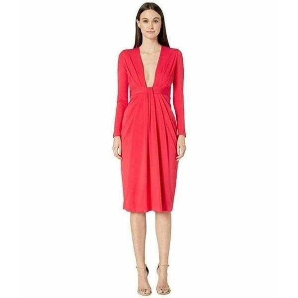 Cushnie et Och Plunging Neck Watermelon Red Long Sleeve Midi Dress NWT Womens 6