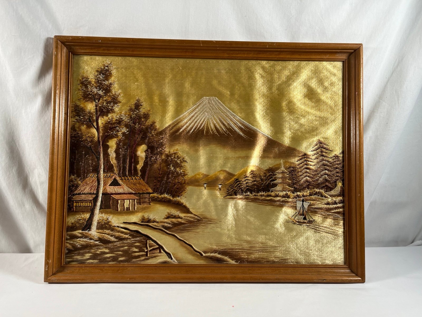 VTG Rare Gold Japanese Mount Fuji Silk Embroidery Tapestry Art Framed 26*20 #45