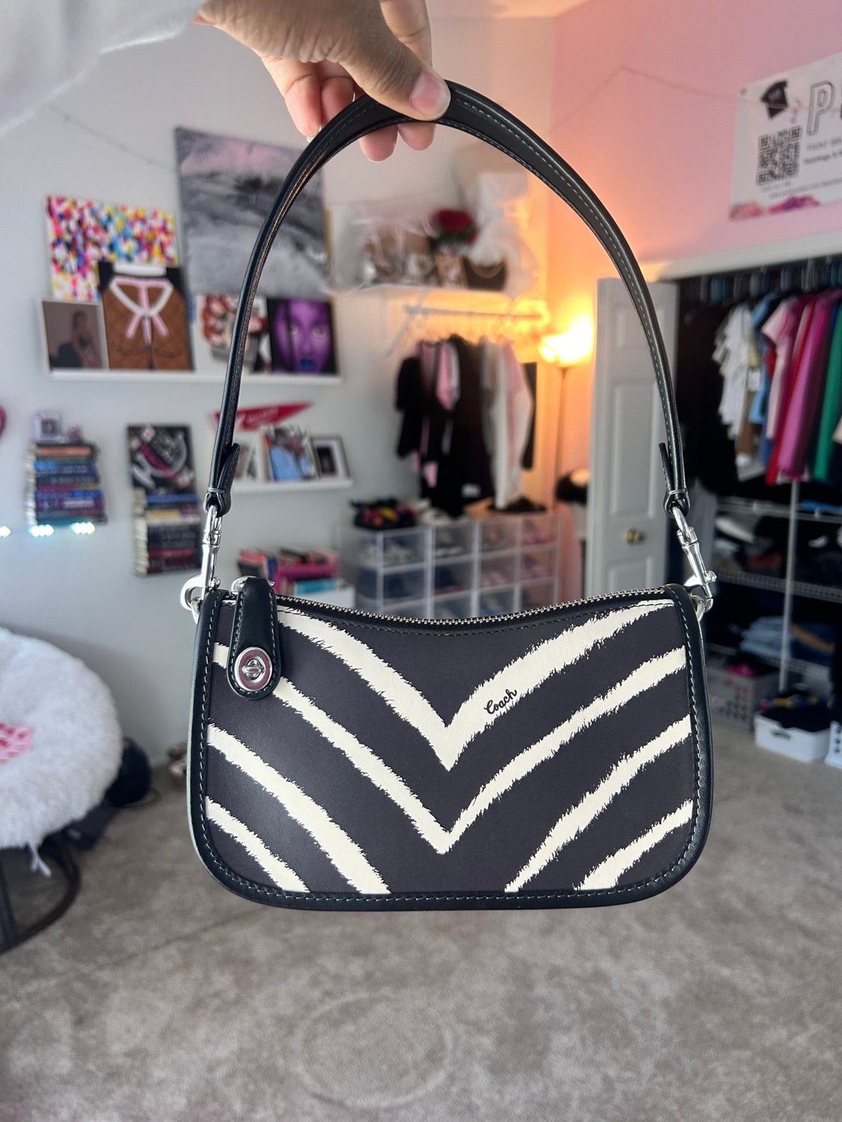 Coach Zebra Animal Unborn Carf Hand Bag Shoulder bag Elbow