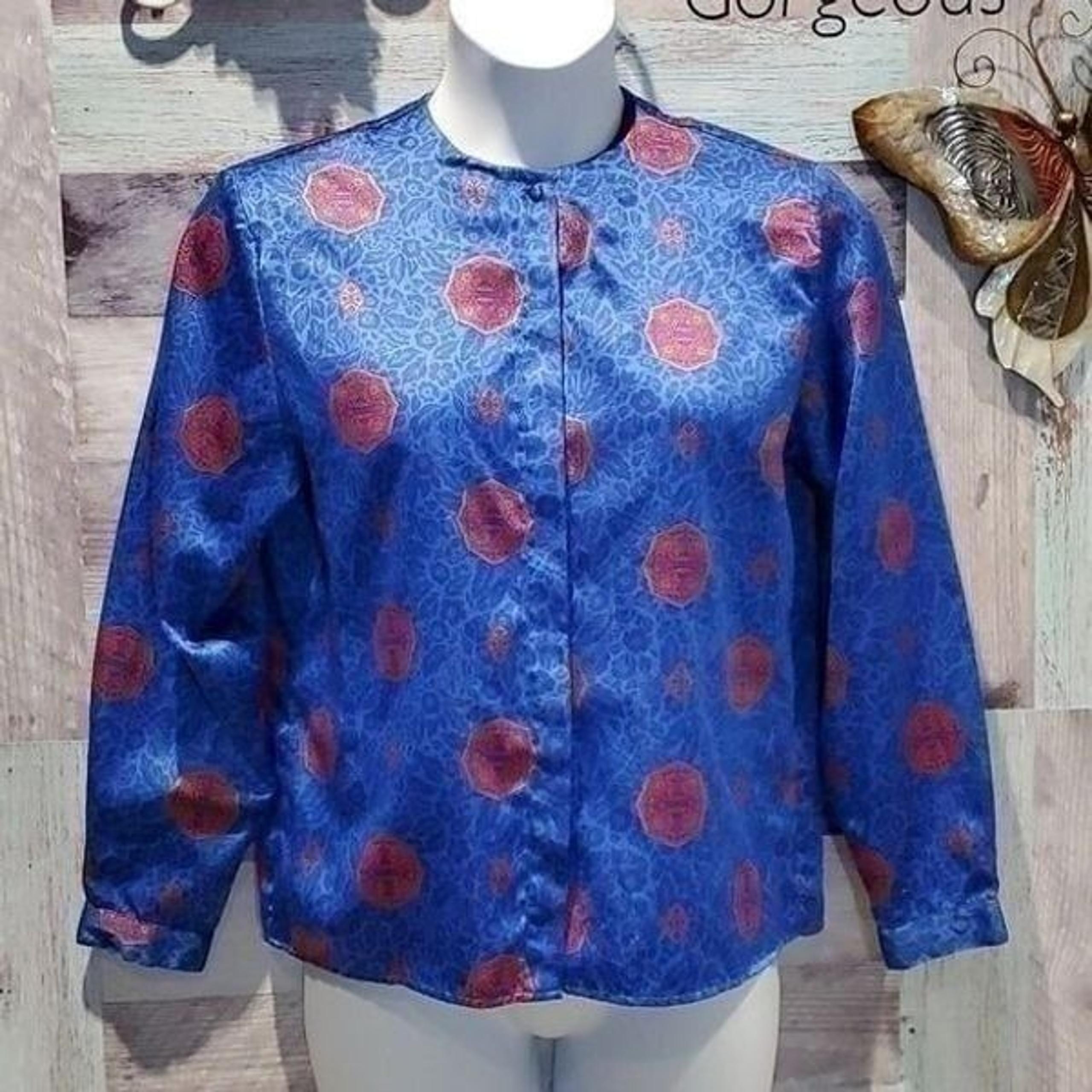 Diane Von Furstenberg Sz 10 Vintage Blue Satin Floral Medallion Blouse BoHo