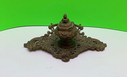 Antique Victorian Ornate Brass Desktop Inkwell 11 x 4.5 x 7