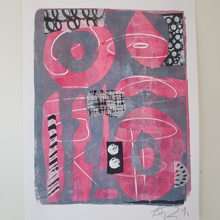 Idyllwild - Original Monoprint Art Print Signed MCM Abstract w Collage 18 X 24