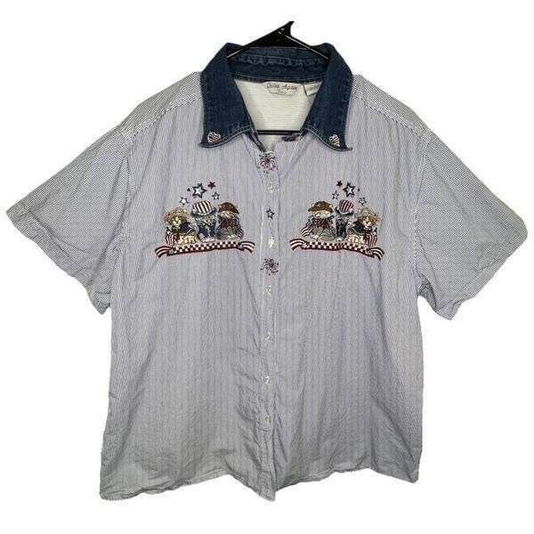 Vintage Quizz Again Button Up Short Sleeve 4th Of July Top With Embroidered Cat