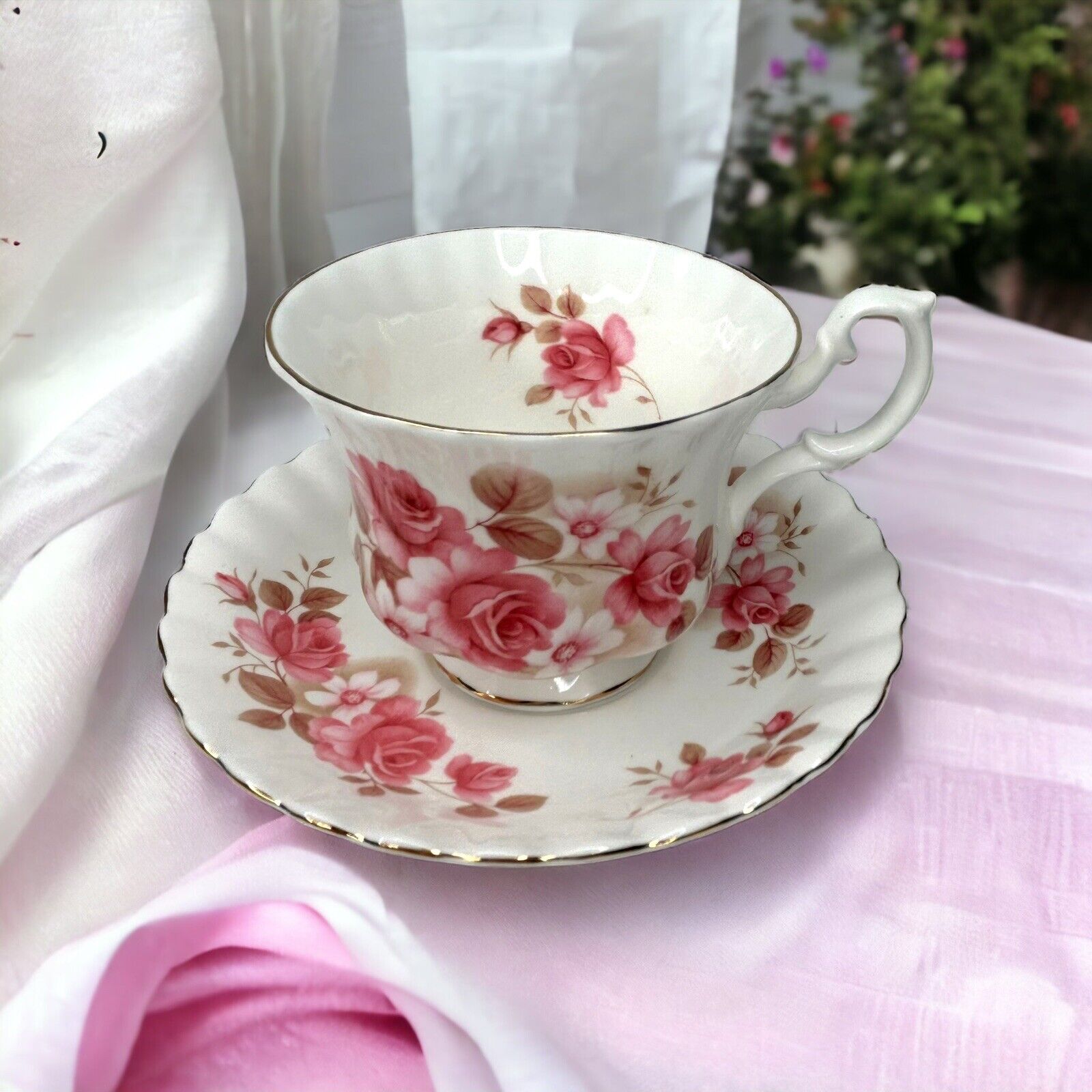 Vintage Royal Albert Tea Cup & Saucer Pink Roses Tan Floral Gold Trim Bone China