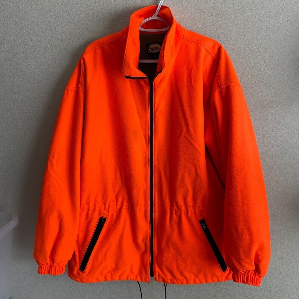 Cabelas Mens Fleece Hunting Jacket Large Reg Lined Orange Full Zip Polyester