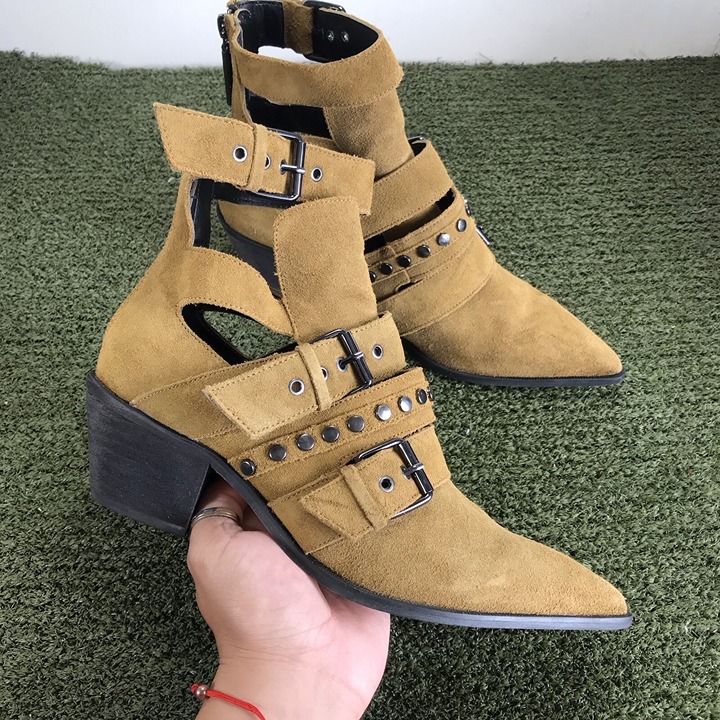 Zara Studded belted buckle Pointed boot Mustard Yellow Women Size 38 Euro US 8
