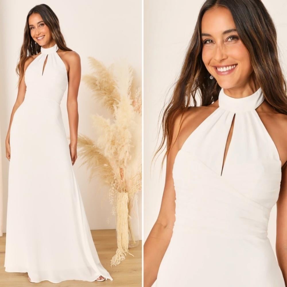 LULUS Bridal Wedding Elegant Chic Sexy Open Back High Neck Gown NWOT